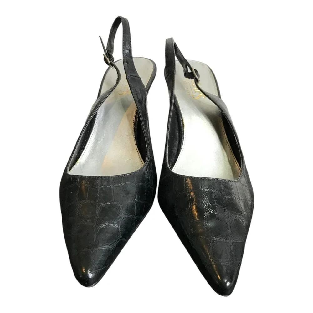 Chaps‎ Slingback Pumps Women 9.5 Black Croc Embossed Leather Pointed Toe Classic